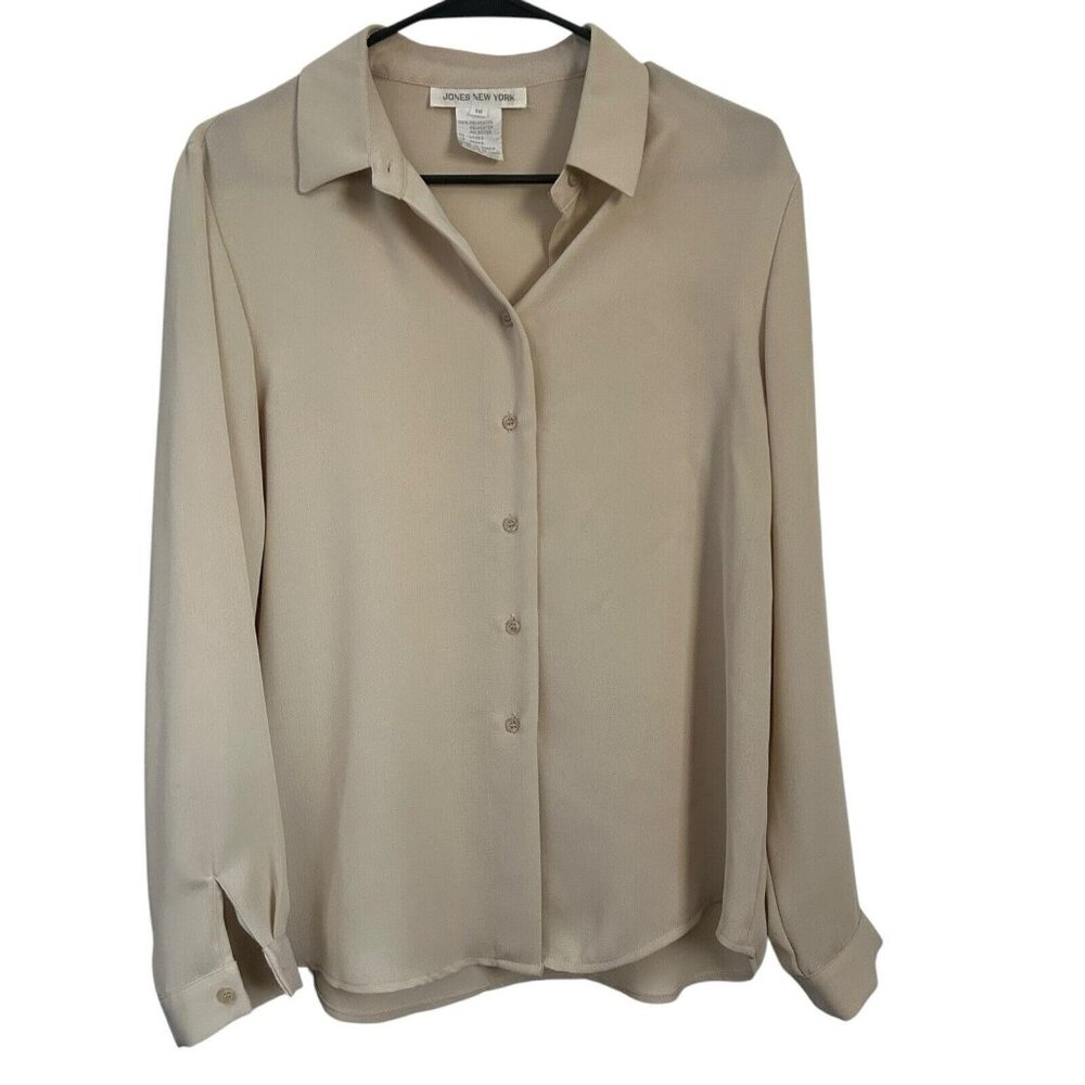 jones New York Sheer shirt women Blouse 10 Button Down Dainty Minimalist Beige